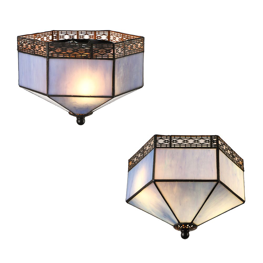 Plafonnier bleu pour chambre à coucher, 2 lumières, luminaire Tiffany encastré avec abat-jour géométrique en verre artistique