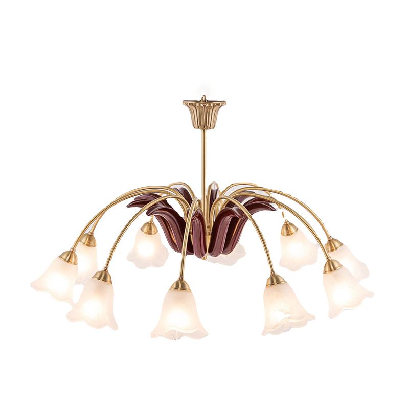 Frosted Glass Chandelier Antique Golden Scalloped Pendant Light Fixture for Living Room