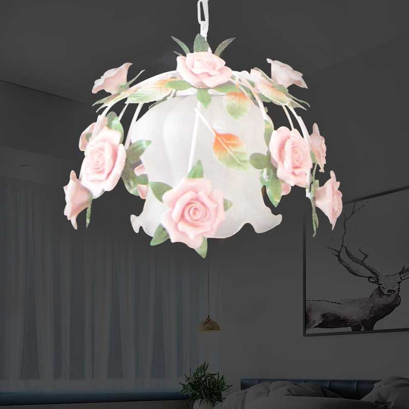 White Glass Flower Pendant Lamp Romantic Pastoral 1 Bulb Restaurant Suspension Light