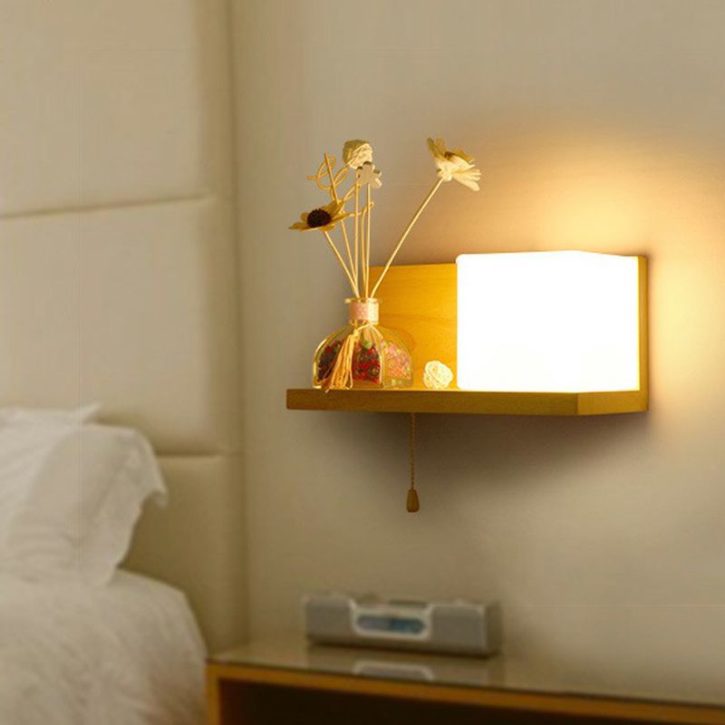 Milk Glass Cube Wall Sconce Lighting Nordic 1-Bulb Wood Shelf Wall Light with Pull Chain