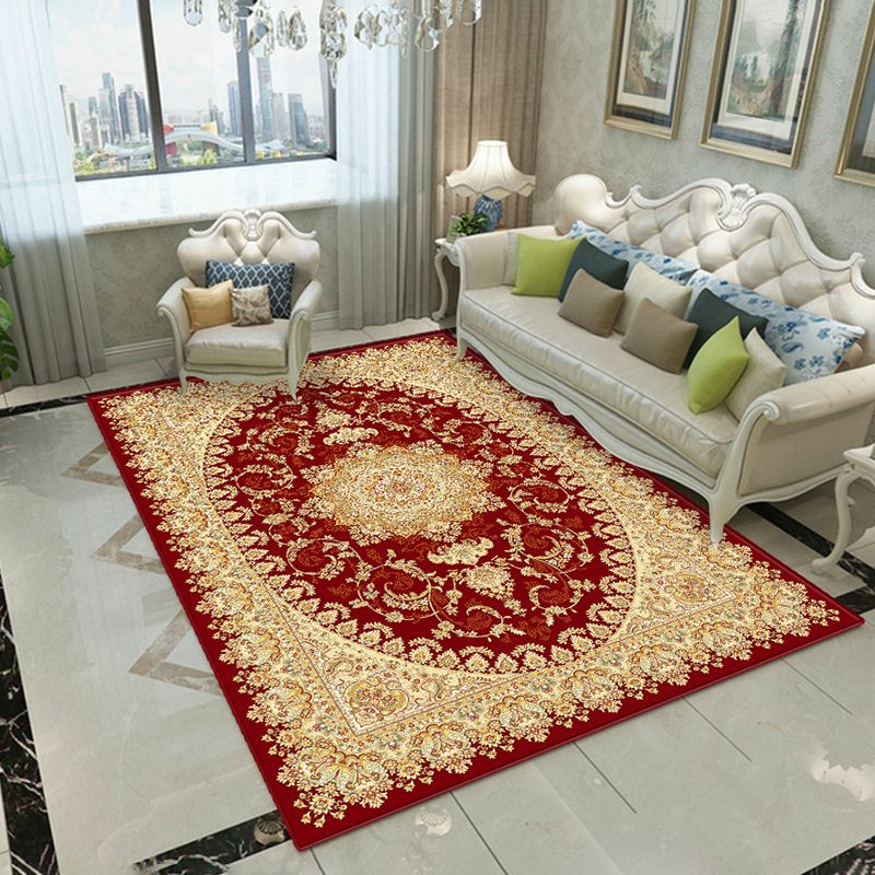 Dark Red Carpet Polyester Graphic Carpet Washable Area Carpet for Living Room