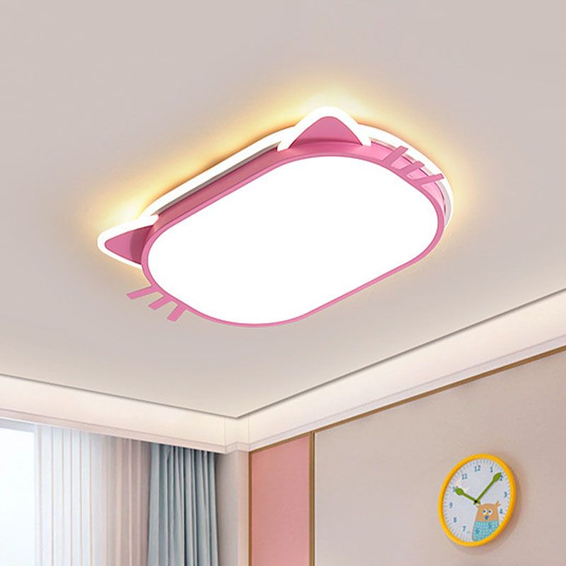 Cat Head Ceiling Mounted Fixture Kids Iron LED Bedroom Flush Mount Lighting in Pink, 18"/21.5" Long