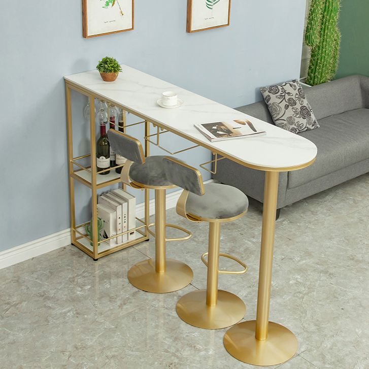 Glam White Stone Bar Dining Table Gold Iron Double Pedestal Bistro Table with Shelve