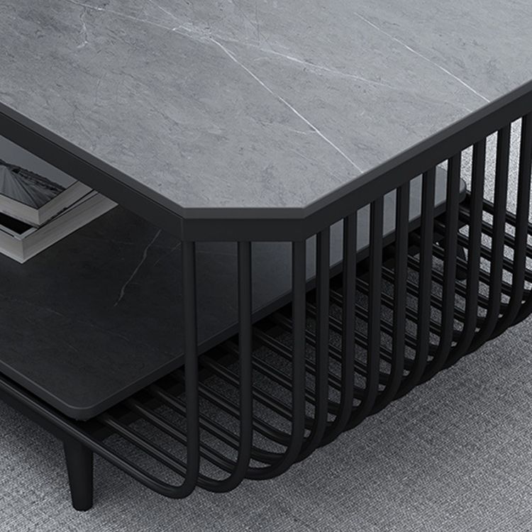 17.7" H Glam Rectangle Slate Coffee Table Iron 4 Legs Cocktail Table with Shelf