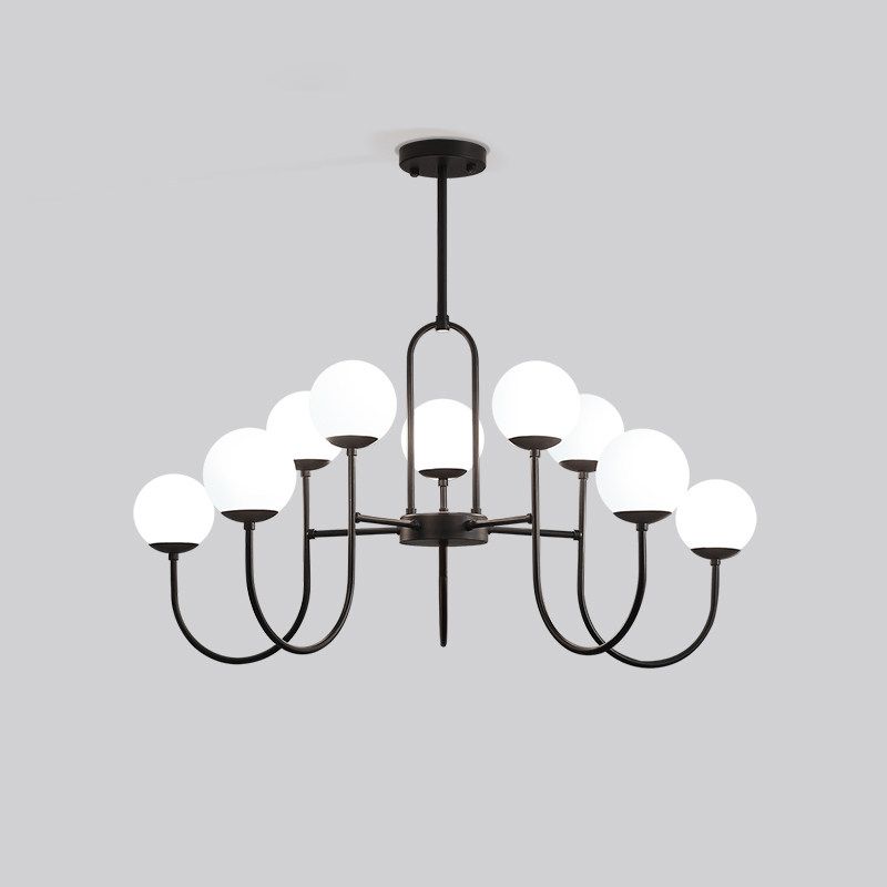 Arced Arm Iron Chandelier Light Fixture Modern 6/9-Head Black Finish Pendulum Lamp with Sphere Milk White Glass Shade