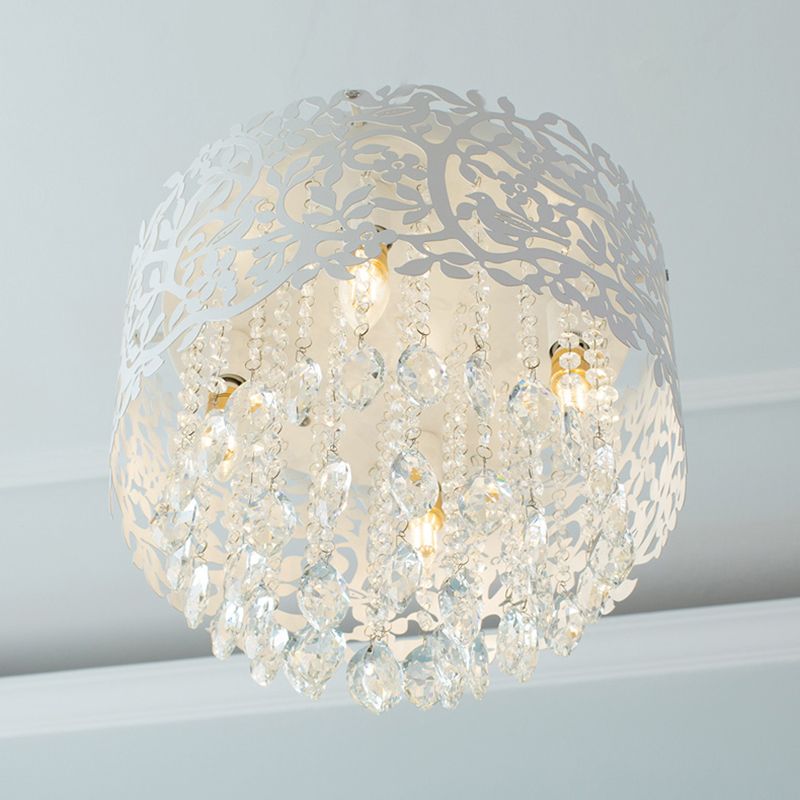 Tree Girls Bedroom Flush Mount Light with Crystal Leaf Metal Luxurious Ceiling Light in White