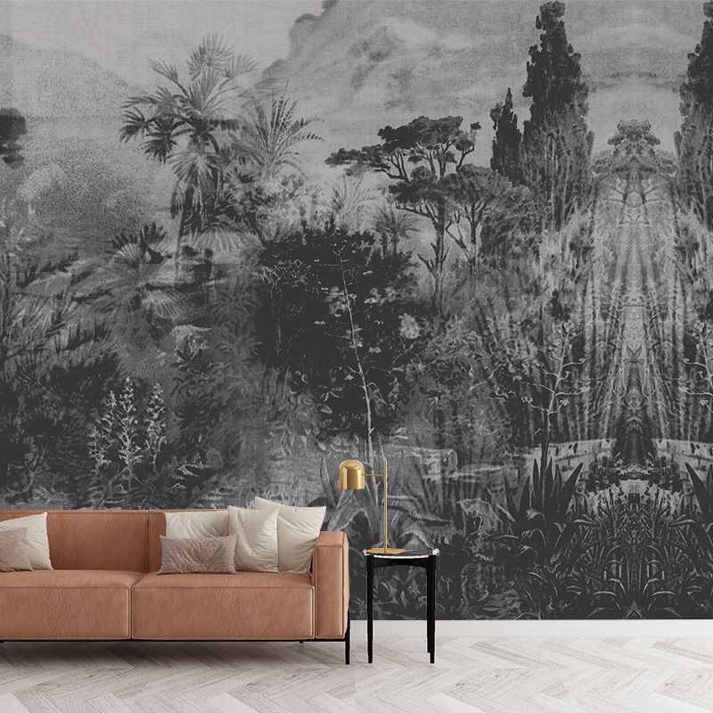 Tropical Plant Park Wallpaper Murals Grey-Black Living Room Wall Decor, Personalised Size