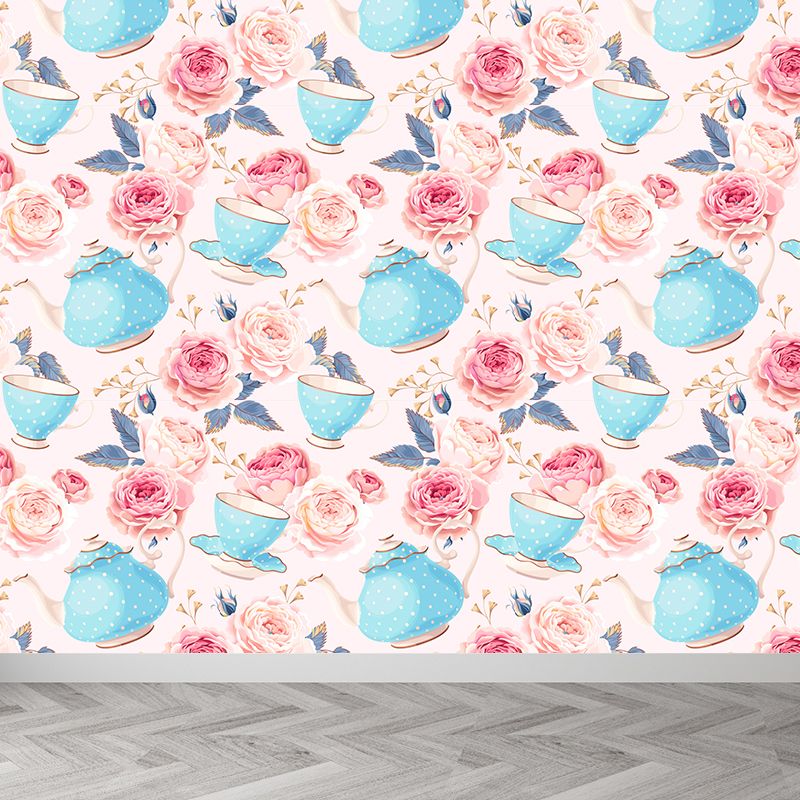 Modern Flower Rose Bloom Mural Pastel Moisture Resistant Wall Decor for Girls Room