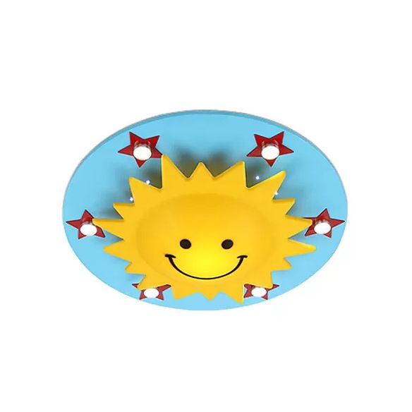 Cartoon Smiling Sun Flush Ceiling Light Wood Ceiling Mount Light in Yellow for Game Room
