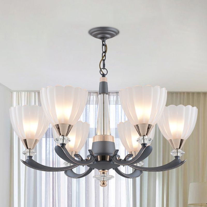 6/8 Bulbs Suspension Pendant with Floral Shade Opal Glass Countryside Guest Room Ceiling Chandelier in Grey