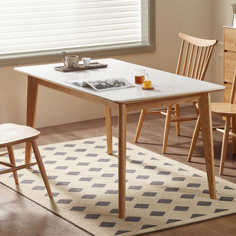 Modern Rectangular White Stone Top Dining Table with 4 Natural Oak Legs