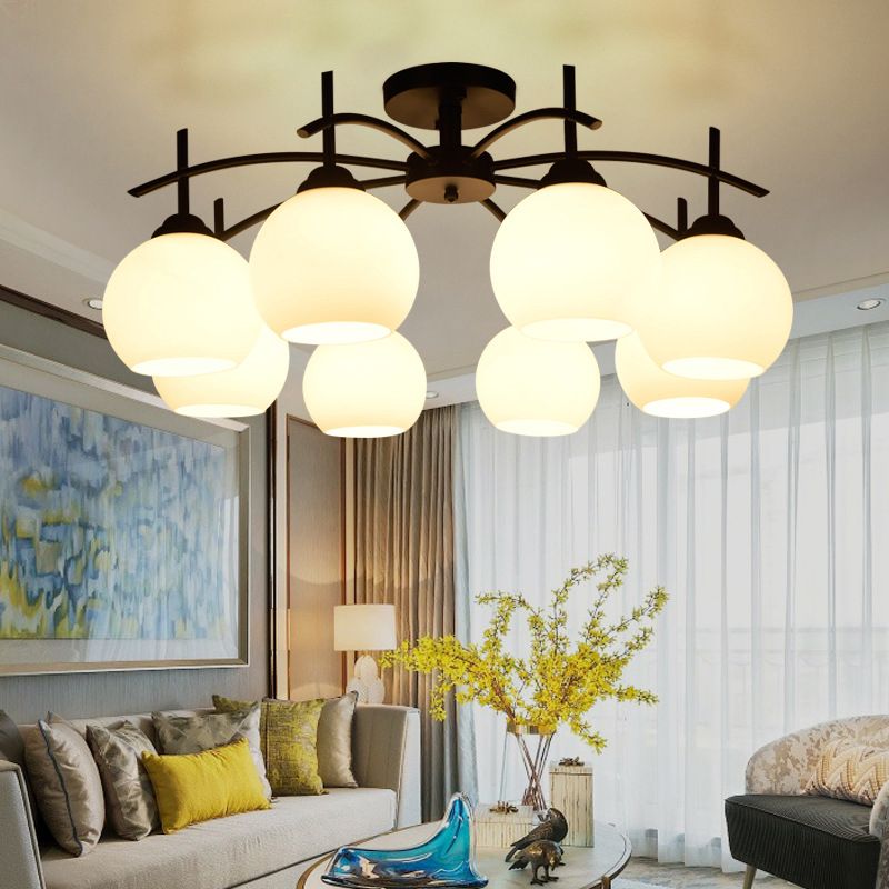 Plafonnier satellite artificiel classique traditionnel en fer forgé semi - encastré avec abat - jour en verre blanc