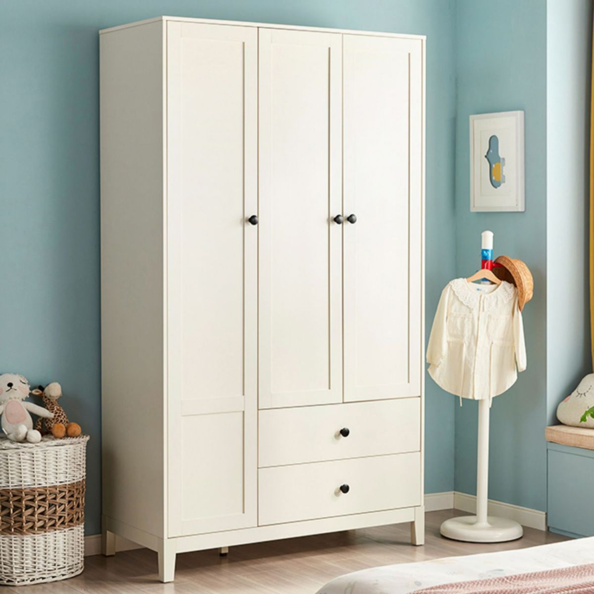 White Hanging Clothes Rack 3-Door Hanging Clothes Rack with Lower Storage Drawers