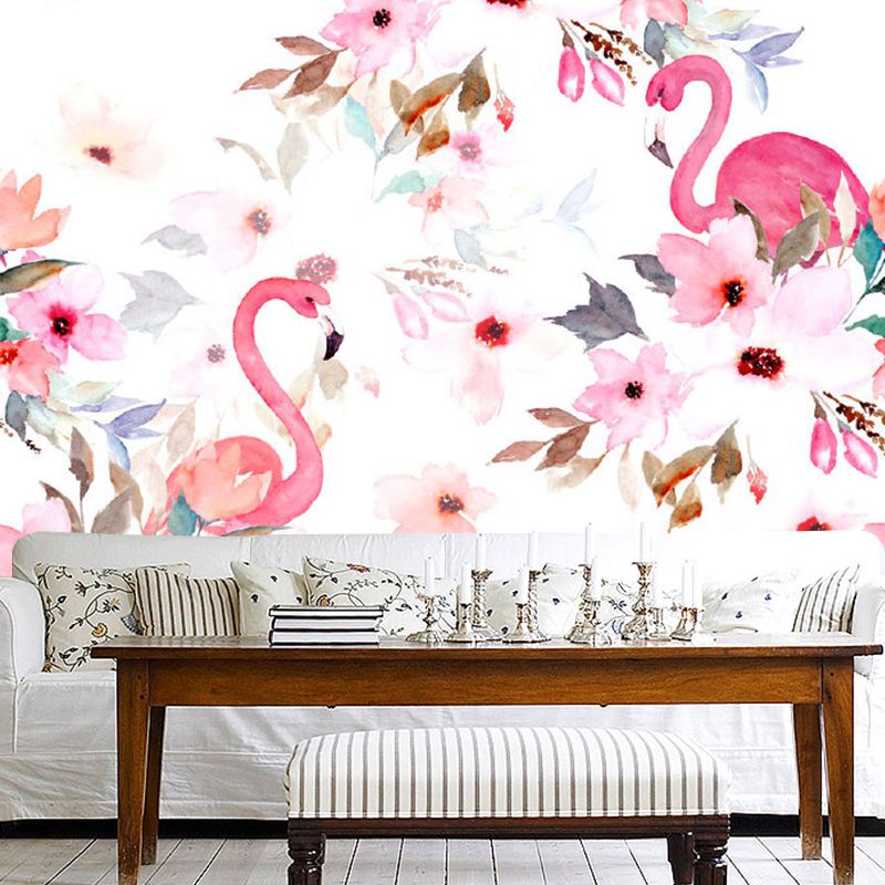 Flamingo Flower Print Wall Murals Tropical Non-Woven Fabric Wall Decor in Pink for Home