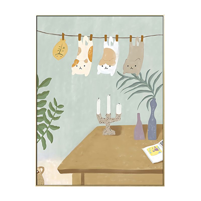 Suspended Cats Wall Art Kids Style Cute Animal Canvas Print in Light Blue for Bedroom