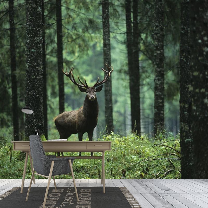 Large Size Contemporary Wall Murals Green Wild Deer in the Forest Patterned Wall Art