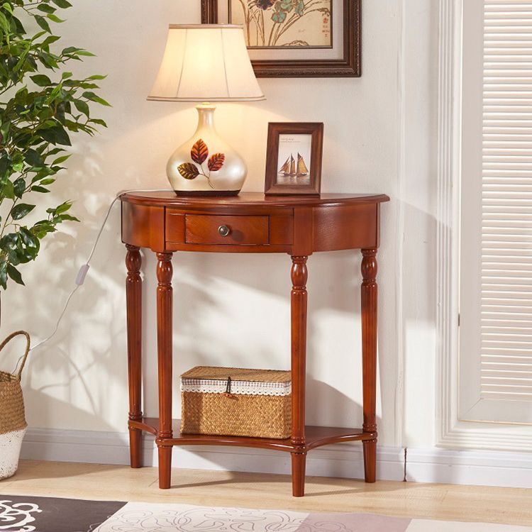 Rubbered Wood Console Table Solid Wood Accent Table with Drawer and Shelf