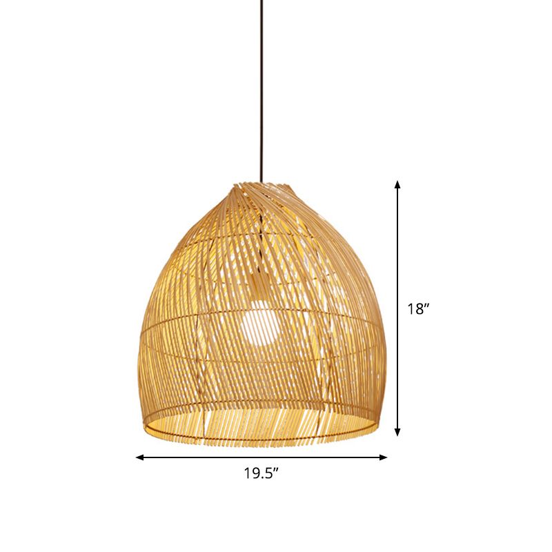 1 cabeza de comedor lámpara de techo Asia beige luz colgante colgante con canasta sombra de bambú