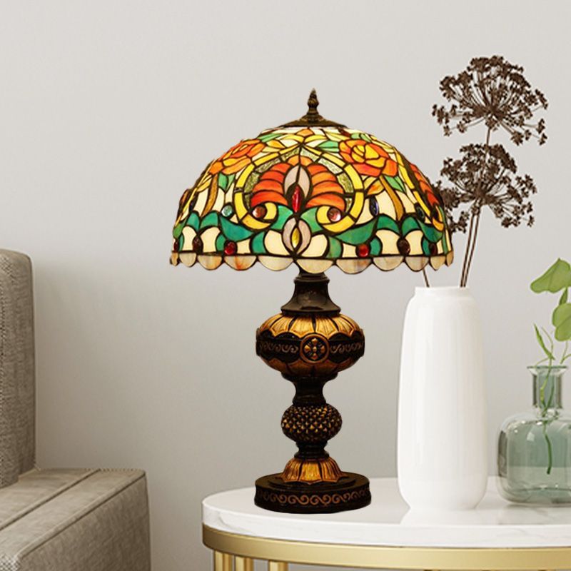 Flower Night Table Lighting 1 Head Stained Art Glass Victorian Bowl Desk Lamp in Beige/Orange with Oval Base