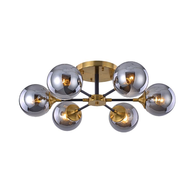 Postmodern Radial Smoke Glass Semi Flush 3/6 Heads Flush Mount Ceiling Chandelier in Brass and Black