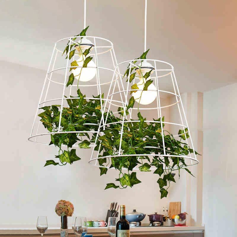 1 cabeza Lámpara colgante metálica de la granja blanca jaula cazada de techo colgante con planta artificial deco