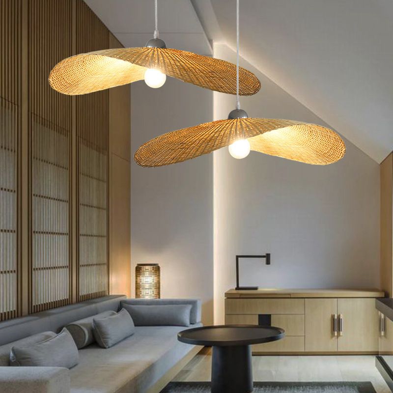 Asia Hat Hanging Light Fixture Bamboo Living Room Suspension Pendant Light in Beige