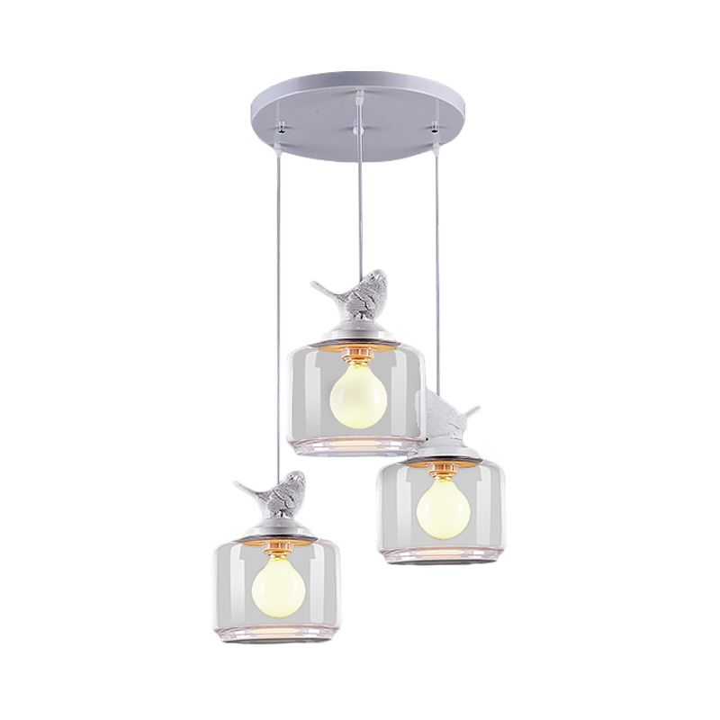 Drum Clear Glass Pendant Lighting Nordic 3 Bulbs White Multi Light Ceiling Light with Resin Bird Top