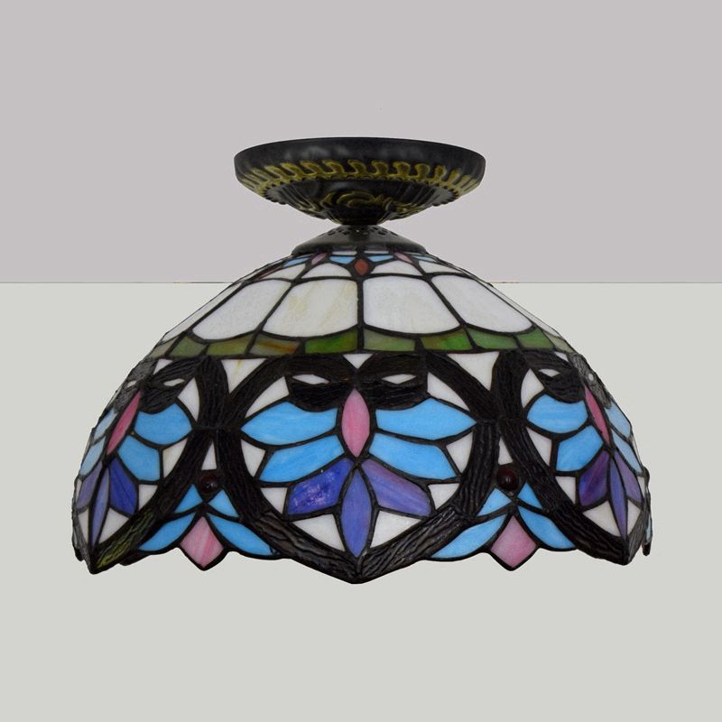 Plafonnier à 1 lumière de 8,5 po/12 po de largeur, luminaire de plafond en verre taillé à motifs de fleurs victoriennes en laiton avec abat-jour globe/dôme