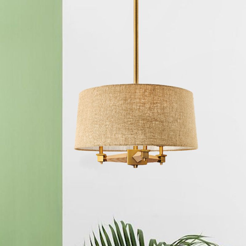 Drum Bedroom Hanging Chandelier Farmhouse Fabric 3 Bulbs White/Light Wood/Dark Wood Ceiling Suspension Light