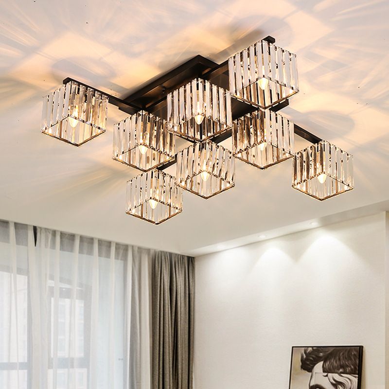 Black/Gold Cubic Living Room Flush Mount Lighting Modernist 4/6/8 Lights Crystal Ceiling Lighting