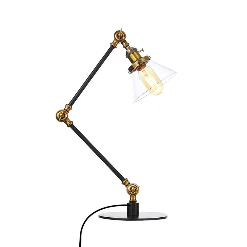 Table conique de style industriel clair Ambre / verre transparent et métal 1 lampe de table de chambre à coucher légère avec bras réglable en noir / laiton