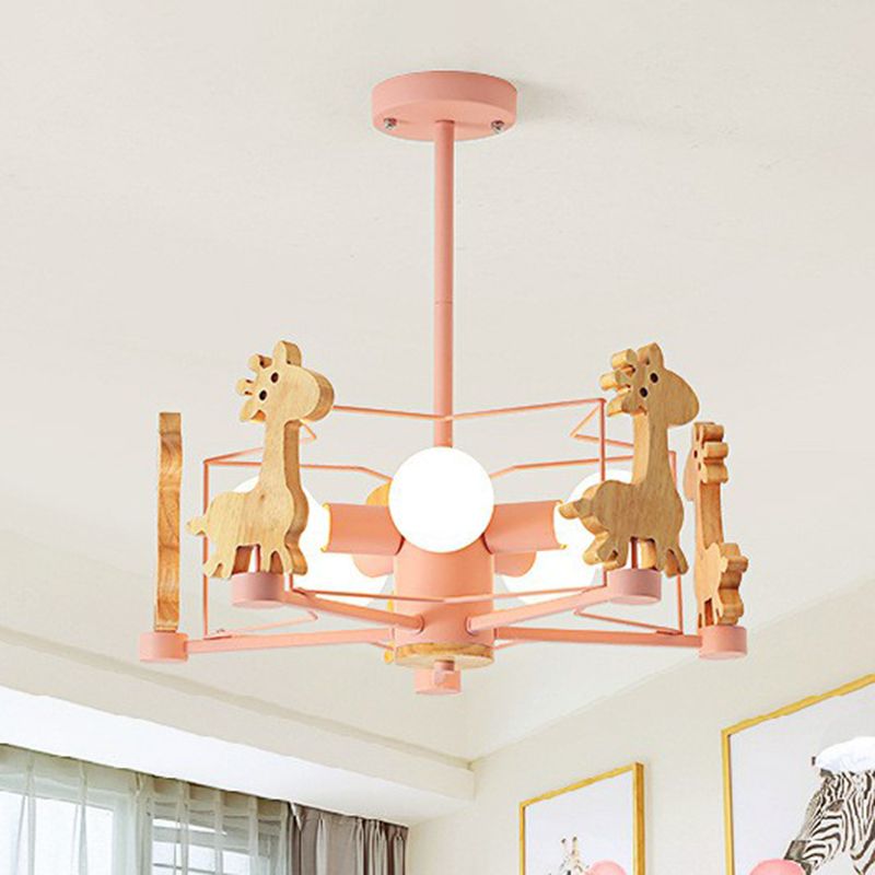 Macaron Caged Suspension Light Metallic 6 Heads Kids Bedroom Chandelier Light with Wooden Deer Decor