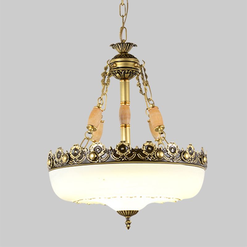 Barn-Like White Glass Pendant Light Classic Single Bulb Bedroom Suspension Lighting Fixture in Beige/Brass, 12"/16"/19.5" W