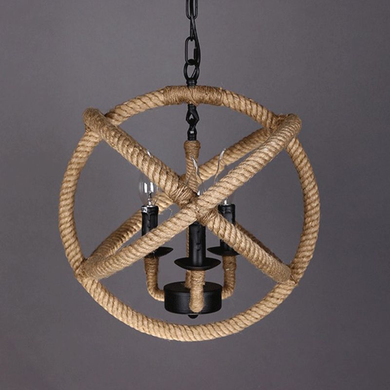 Globe Metal Pendant Lighting Industrial 3 Lights Hemp Rope  Chandelier Hanging Light Fixture in Black