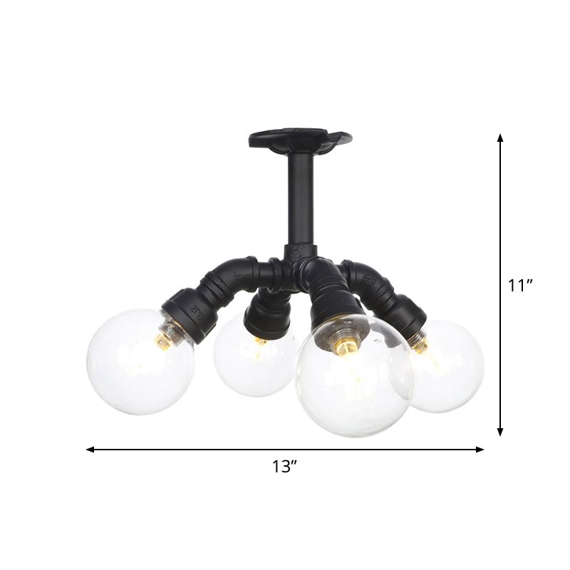 Black 4/5/6-Head Semi Flushmount Antiqued Clear Glass Ball LED Close to Ceiling Lighting