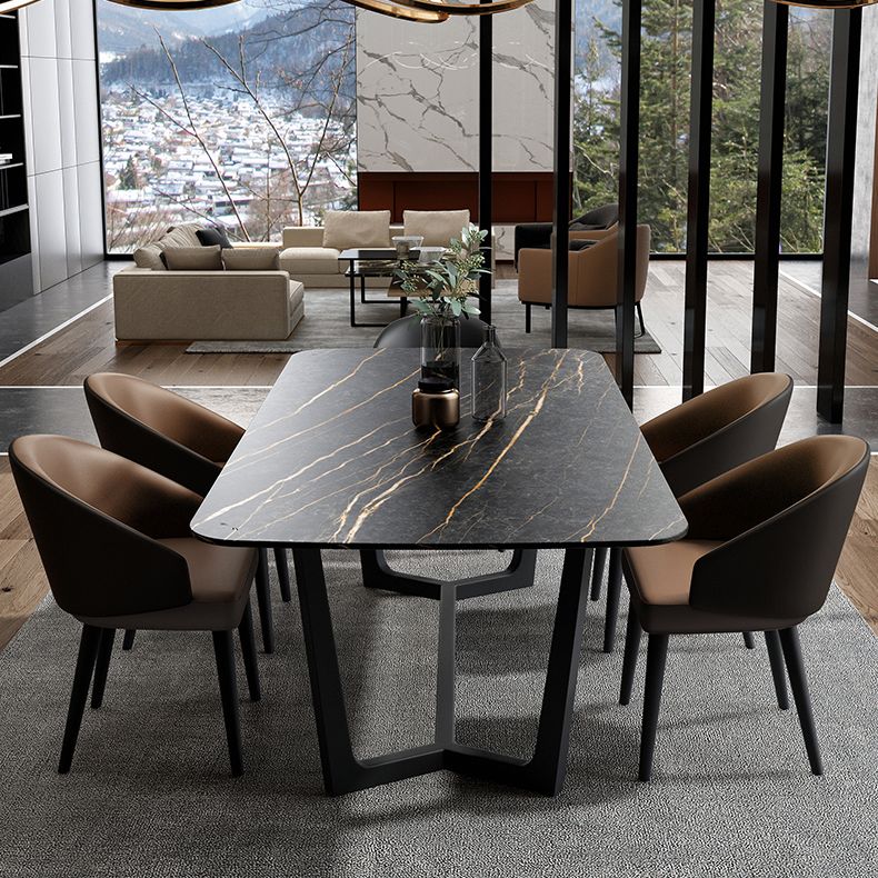 Industrial Sintered Stone Table for Restaurant Rectangle Black Table with Trestle Base