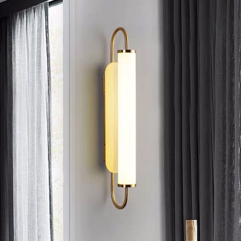 Oval Frame Wall Light Fixture Modern Metal LED Brass Wall Mounted Lamp with Tubular Opal Glass Shade
