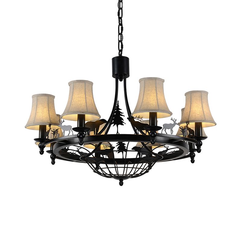 Metal Black Hanging Chandelier Bell 8 Bulb Luz de suspensión tradicional con sombra de tela de cono