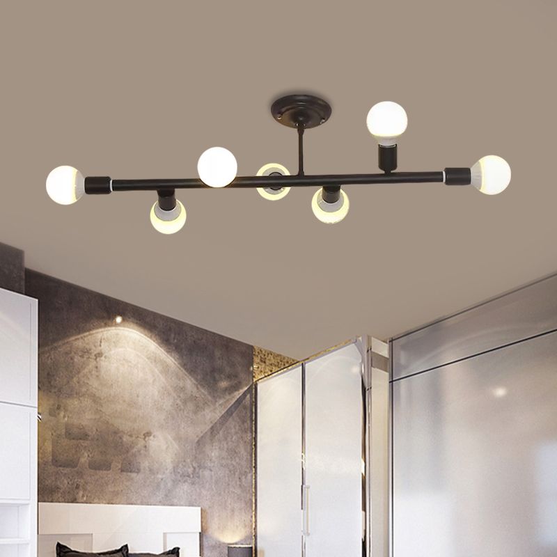 Black Finish Open Bulb Island Lighting Metal 7/13 Lights Simple Metal Ceiling Lamp