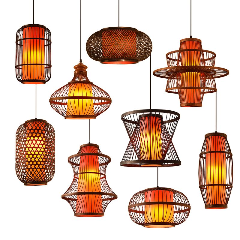 Chinese Style Bamboo Pendant Light Geometric Brown Hanging Pendant for Restaurant