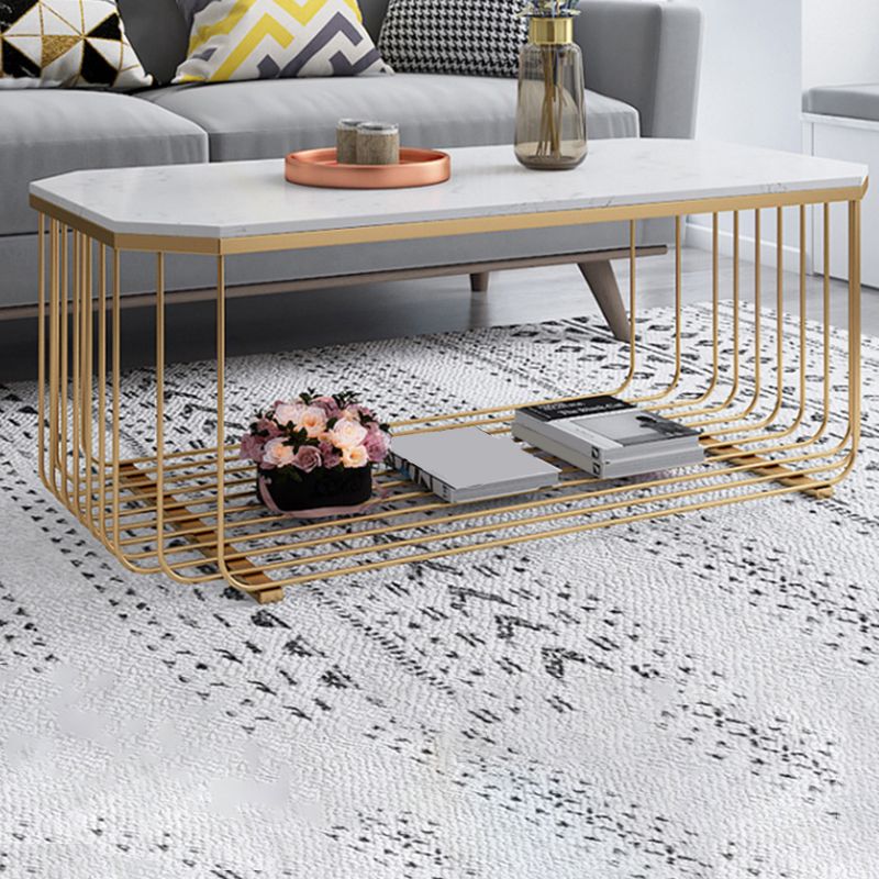 Glam Marble Top Coffee Table with Iron Base and Shelf Cocktail Table