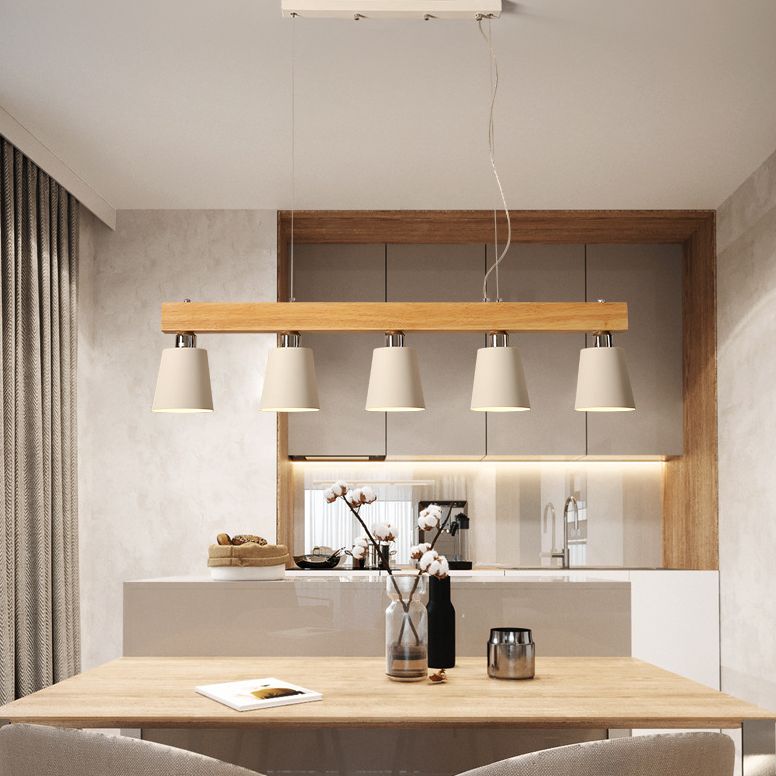 Linear Wooden Island Light Fixture Nordic Suspension Light with Tapered Metal Shade