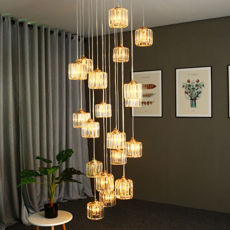 15 Lights Hanging Ceiling Lamp Modernist Living Room Multi Light Pendant with Drum Amber Crystal Shade