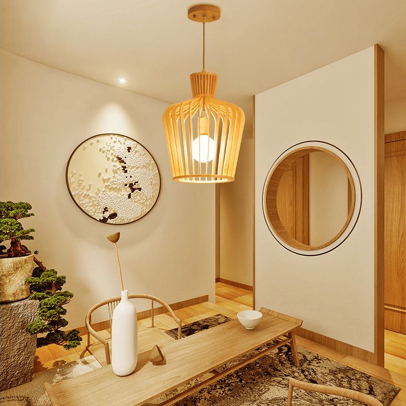 Modernismo urna/calabaza iluminación colgante de madera 1 lámpara colgante de bombilla en beige para comedor