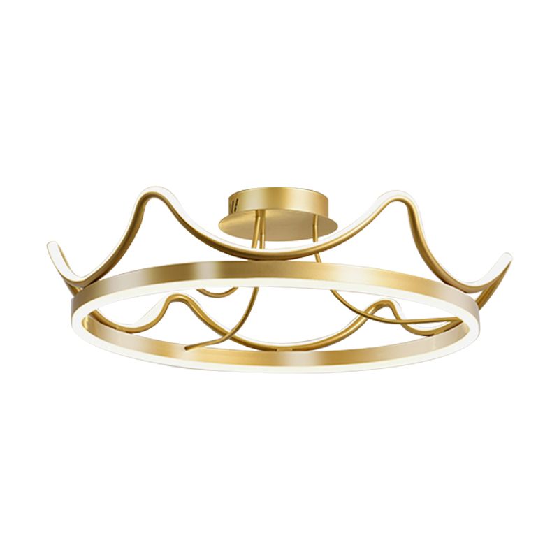 Metal Crown Flush Mount Light Kids LED Close to Ceiling Lamp with Round Canopy in Pink/Gold