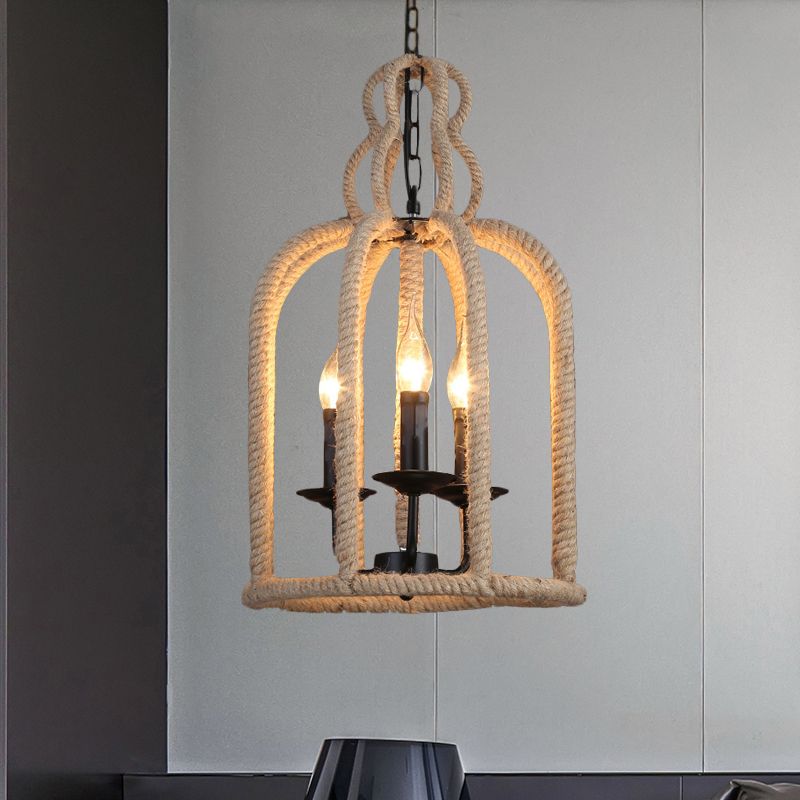Beige 3 Heads Chandelier Light Industrial Rope Bird Cage Ceiling Pendant Lamp for Coffee Shop