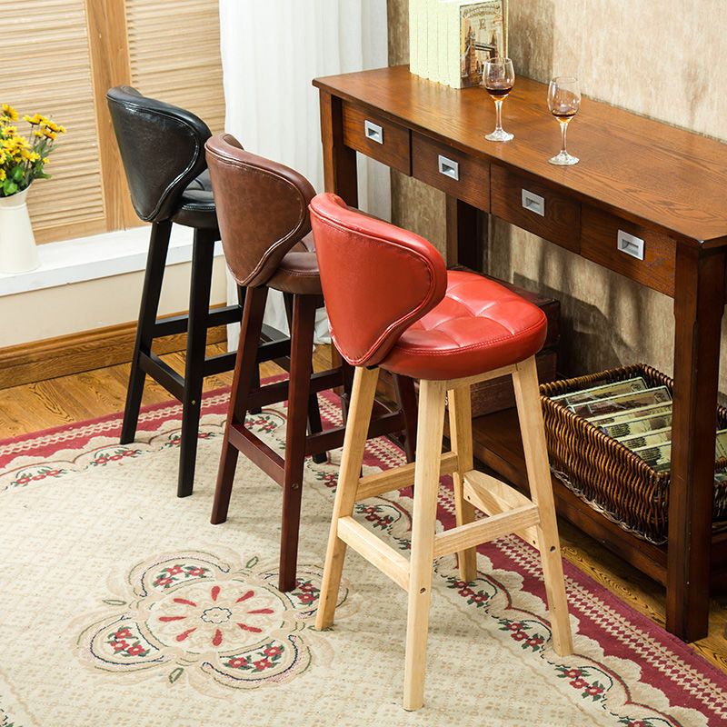 Industrial Armless Backrest Counter Stool Wood Cafe Bar Stool with Leather Cushion