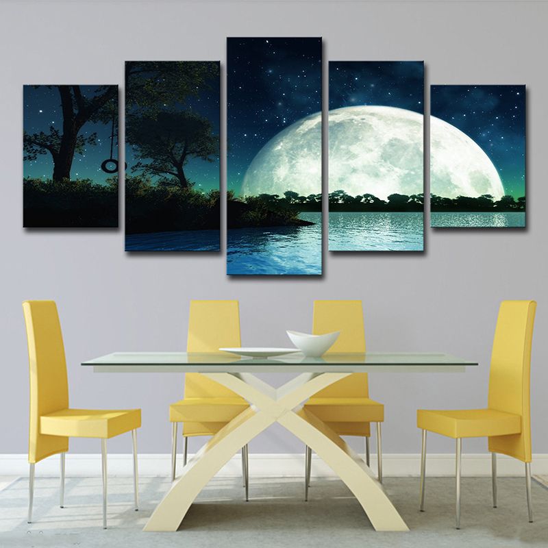 Kids Fantasy Wall Art Dark Blue Super Moon and Lake Scenery Canvas Print for Home