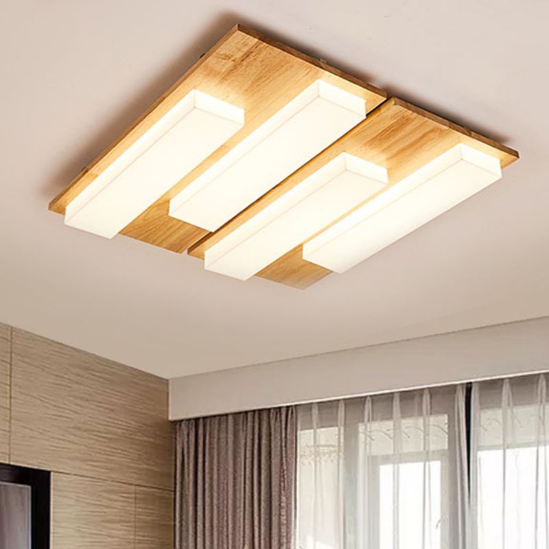 Lámpara de techo LED Beige acrílica de madera clara empotrada rectangular de estilo japonés en Natural/blanco para baño