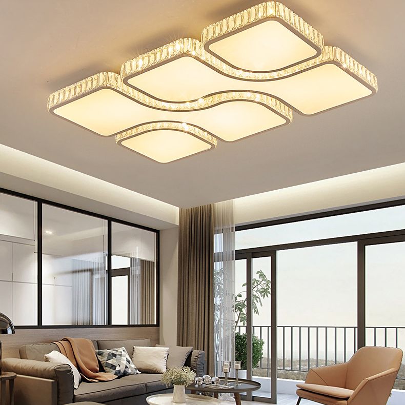 White Rectangular LED Flush Mount in Modern Luxury Style Crystal Ceiling Light for Living Room